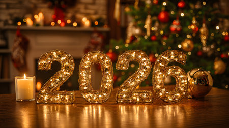 Golden glowing neon numbers 2026 standing on a table in a cozy Christmas interior with a decorated tree and candlelight.の素材