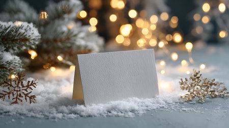 Blank Christmas card in snow surrounded by pine branches, golden snowflakes, and warm festive lights.の素材