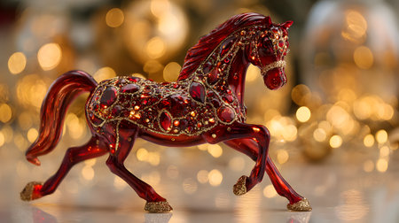 Shiny red metallic horse decorated with gemstones and golden glitter, standing against a festive background filled with warm golden bokeh lights.の素材