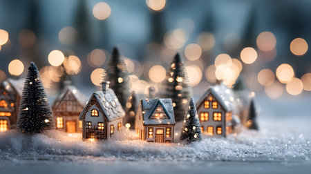 Cozy miniature Christmas village covered in snow and glowing warmly with festive lights, surrounded by pine trees and golden bokeh.の素材