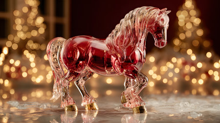 Red crystal horse with golden hooves illuminated by Christmas lights, standing on a reflective surface in a warm festive setting.の素材