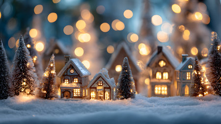 Cozy miniature Christmas village covered in snow with glowing windows and festive trees, surrounded by warm golden lights.の素材