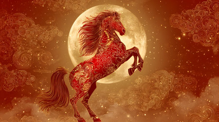 Powerful red horse rearing up against a glowing golden moon, with swirling clouds and intricate golden patterns surrounding the majestic fantasy scene.の素材