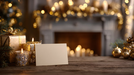 Blank Christmas card on a wooden table beside glowing candles, gifts, and a decorated fireplace, creating a cozy festive atmosphere.の素材