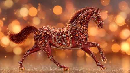 Luxurious red metallic horse sculpture covered with gemstones and golden accents, shining brightly in a warm festive atmosphere.の素材