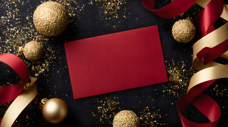 Red Christmas postcard mockup surrounded by golden glitter ornaments and festive ribbons on a dark elegant background.の素材