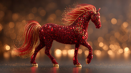 Sparkling red horse sculpture made entirely of gems and glitter, illuminated by warm festive lights and golden reflections.の素材