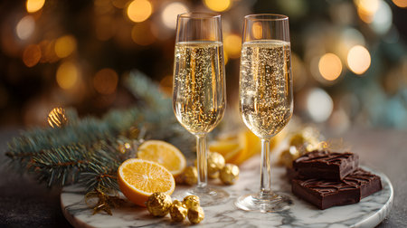 Two champagne glasses filled with bubbles on a marble table with Christmas lights, chocolate, and oranges, capturing a festive holiday mood.の素材