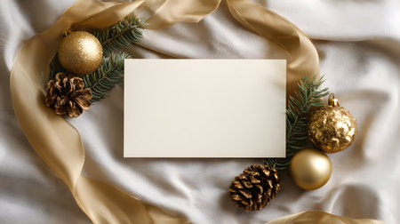 Minimalist Christmas postcard mockup with blank card, pine branches, and golden ornaments on a silky festive background.の素材