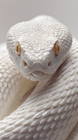 Detailed macro shot of an elegant white serpent with golden eyes, emphasizing texture, scales, and subtle luxury tones.の素材