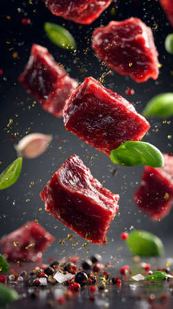 Macro shot of raw beef cubes with flying herbs, pepper, and garlic on a dark background, capturing freshness and dynamic motion.の素材