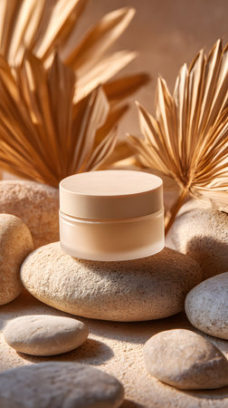 Minimalistic photo of a beige cosmetic jar placed on natural stones with warm light and elegant spa-inspired design.の素材