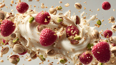 High-speed macro of a creamy dessert swirl with pistachios and raspberries, showing motion, freshness, and smooth texture.の素材