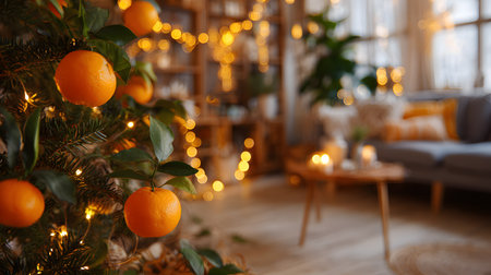 Christmas tree branches decorated with oranges and glowing lights in a cozy festive living room.の素材