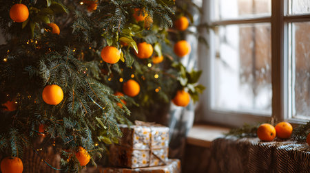 Cozy Christmas tree decorated with bright oranges and warm lights near a frosty window.の素材