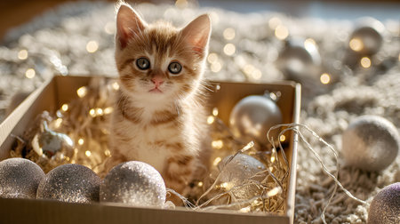 Adorable kitten sitting in a box filled with silver Christmas ornaments and warm fairy lights on a soft cozy carpet.の素材