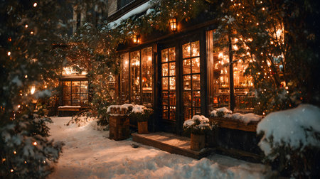 Charming winter cafe decorated with pine branches and warm Christmas lights, creating a cozy festive atmosphere.の素材