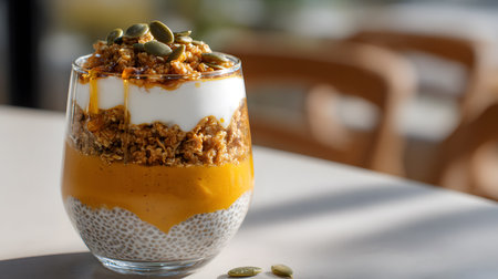 A single glass of pumpkin chia pudding topped with granola and nuts, captured in soft natural light for a cozy and minimalist autumn look.の素材