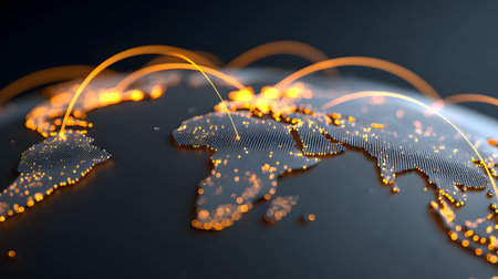 A futuristic glowing map of the world showing illuminated connections between continents, representing global data, communication, and technology.の素材