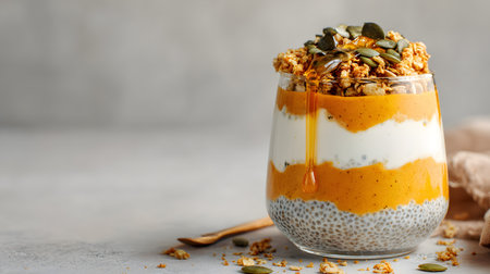 A bright pumpkin chia parfait with granola layers served in a glass, showing cozy autumn vibes and a healthy homemade style.の素材