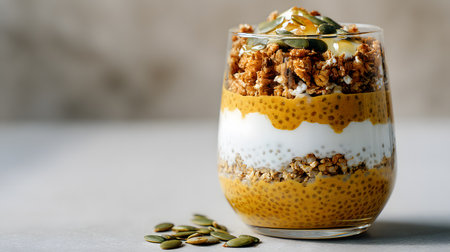 A close-up shot of pumpkin chia dessert topped with crunchy granola, captured in warm light with rustic autumn tones.の素材