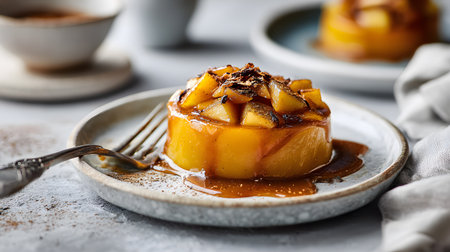 A warm pumpkin and apple dessert served with rich caramel sauce on a ceramic plate, creating a cozy and inviting autumn atmosphere.の素材