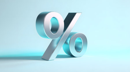 A large metallic 3D percent sign standing on a light blue background, symbolizing discounts, interest rates, and financial concepts in a clean minimal modern style.の素材