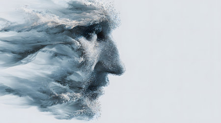 Abstract digital artwork showing a human face formed by flowing blue particles and soft waves, symbolizing consciousness and transformation.の素材