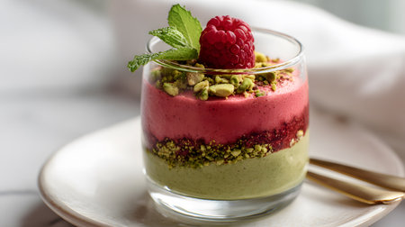 Elegant pistachio mousse layered with raspberry puree and chopped nuts in a glass cup, garnished with fresh raspberry and mint on a white plate.の素材