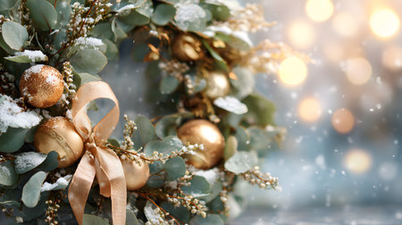 Elegant Christmas wreath decorated with golden ornaments, ribbon, and snow, glowing softly in warm winter light.の素材