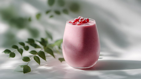 Minimal studio photo of a pink berry smoothie with red currants and mint leaves in a glass, surrounded by soft natural light and leafy shadows.の素材