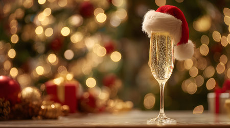 Single champagne glass with a Santa hat on top glowing warmly against a background of Christmas lights and festive decorations.の素材