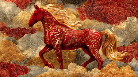 Decorative red fire horse surrounded by swirling golden clouds and radiant light, symbolizing prosperity, celebration, and the fiery energy of the new year.の素材