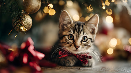 Charming kitten with a red bow resting under the Christmas tree surrounded by glowing ornaments and gifts.の素材
