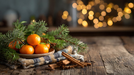 Warm rustic Christmas composition with tangerines, pine branches, and cinnamon sticks on a wooden table.の素材