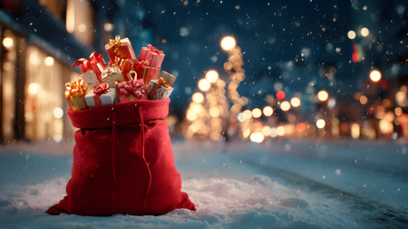 Large red Santa sack filled with colorful Christmas presents standing in the snow on a glowing festive street.の素材