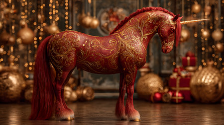 Majestic red unicorn horse decorated with glowing golden engravings and surrounded by festive ornaments and soft golden holiday lights.の素材