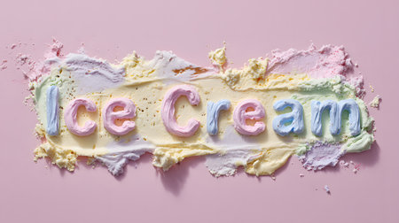 Words âIce Creamâ written with colorful melted ice cream in pastel tones on a pink surface, creating a playful and sweet composition that combines dessert art with summery freshness.の素材