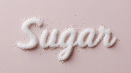 Word âSugarâ written with fine white sugar crystals on a soft pink background, representing sweetness, purity, and minimal elegance in a creative food typography style.の素材