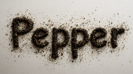Word âPepperâ written with ground black pepper grains on a clean white background, highlighting texture, aroma, and the natural beauty of this aromatic spice.の素材