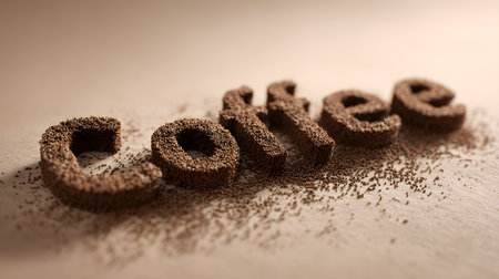 Creative typography composition showing the word âCoffeeâ written with ground coffee on a warm beige surface, symbolizing aroma, energy, and cozy mornings.の素材
