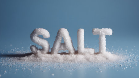 Word âSaltâ written with coarse sea salt crystals on a soft blue background, highlighting purity, texture, and the natural beauty of this essential seasoning.の素材