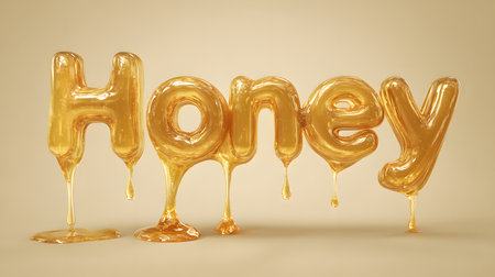 Glossy golden honey forming the word âHoneyâ on a warm beige surface, dripping slightly to create a smooth and appetizing typography effect.の素材