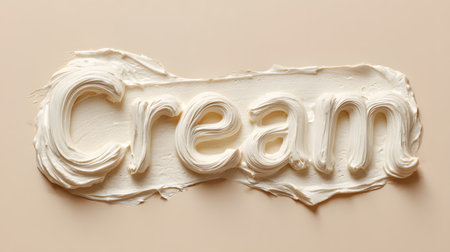 Word âCreamâ created from thick whipped cream on a smooth beige background, showing texture, softness, and minimalist dessert typography.の素材