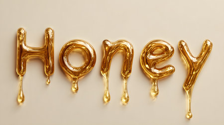 Creative typography featuring the word âHoneyâ made of glossy golden syrup dripping naturally on a beige surface, symbolizing warmth and sweetness.の素材