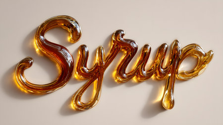 Word âSyrupâ written with glossy amber maple syrup on a beige background, symbolizing sweetness, fluidity, and elegance in a minimal gourmet composition.の素材