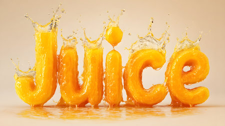 Vibrant typography of the word âJuiceâ formed from splashing orange juice, with energetic droplets and bright citrus tones on a beige surface.の素材