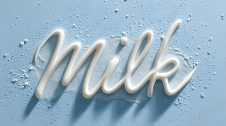 Word âMilkâ written in smooth white liquid milk on a soft blue surface, symbolizing freshness, purity, and a clean minimal aesthetic.の素材