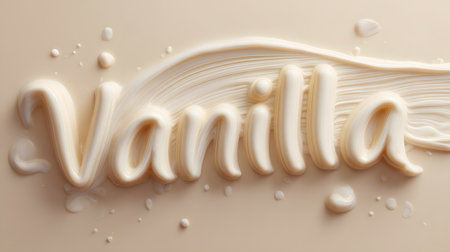 Word âVanillaâ written with smooth vanilla cream on a beige surface, symbolizing elegance, sweetness, and creamy texture in a refined dessert-inspired composition.の素材