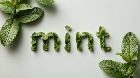 Word âMintâ creatively spelled with fresh green mint leaves on a clean light background, symbolizing freshness, natural flavor, and botanical purity.の素材